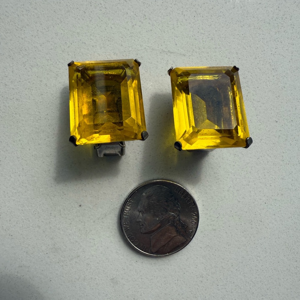 Vintage Clip On Earrings Yellow, Golden Color Glass Faceted Stone Approx.3/4”